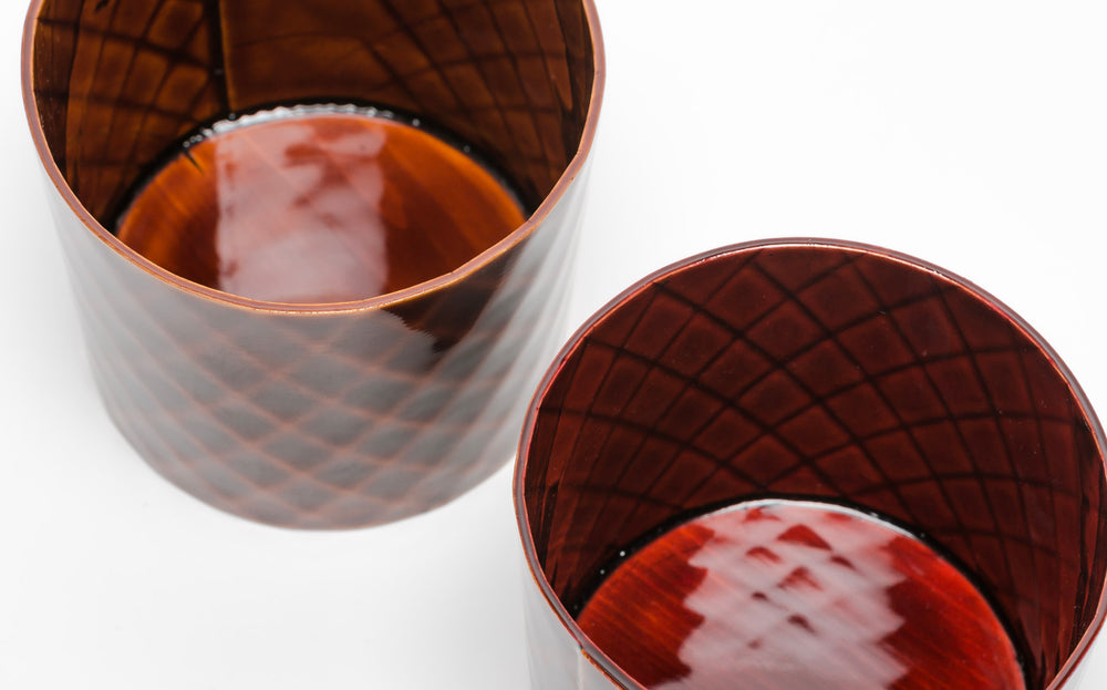 Omae - Red Shunkei - Soba Cup Woven-Bamboo Pattern